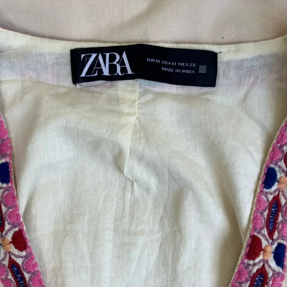 Zara Sz M Floral Embroidered Open Front Vest Cream Multicolor Folk Style - Picture 11 of 16